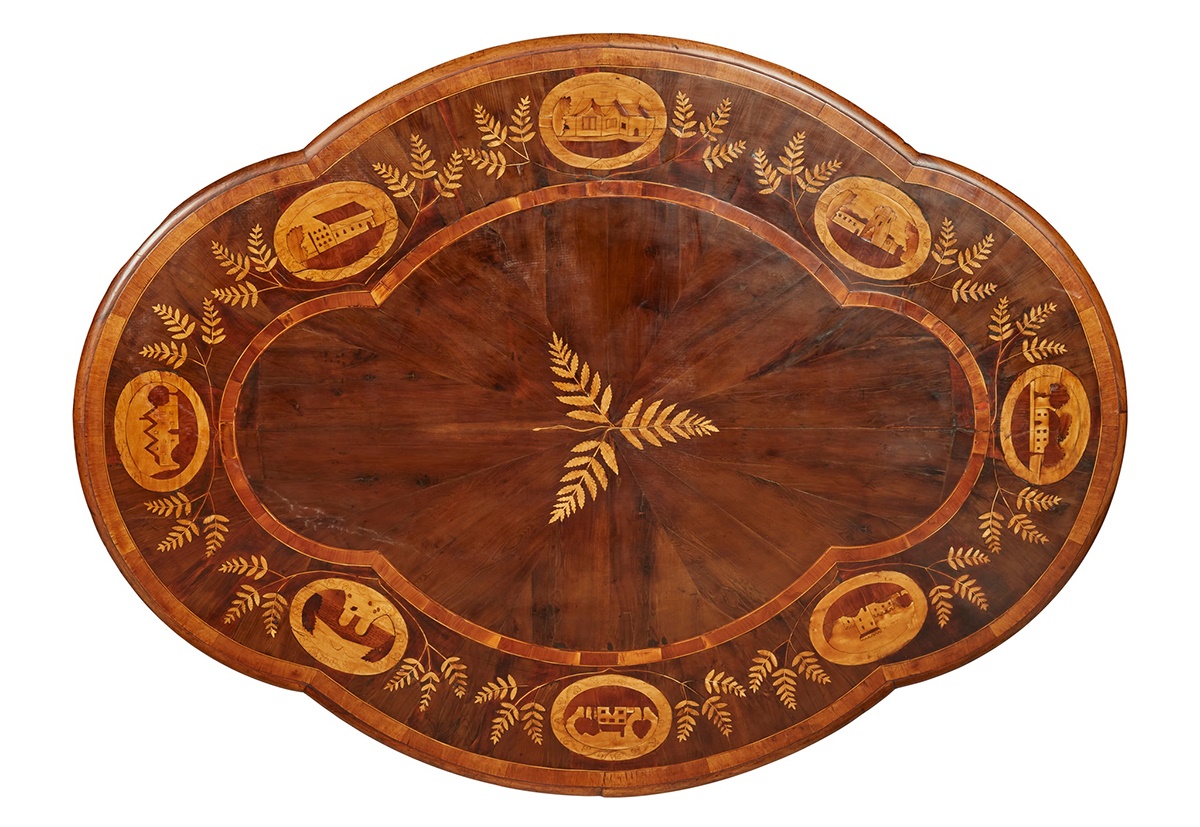 IRISH KILLARNEY ARBUTUS, YEW, AND MARQUETRY CENTRE OR LOO TABLE MID 19TH CENTURY £10,000 - £15,000 + fees